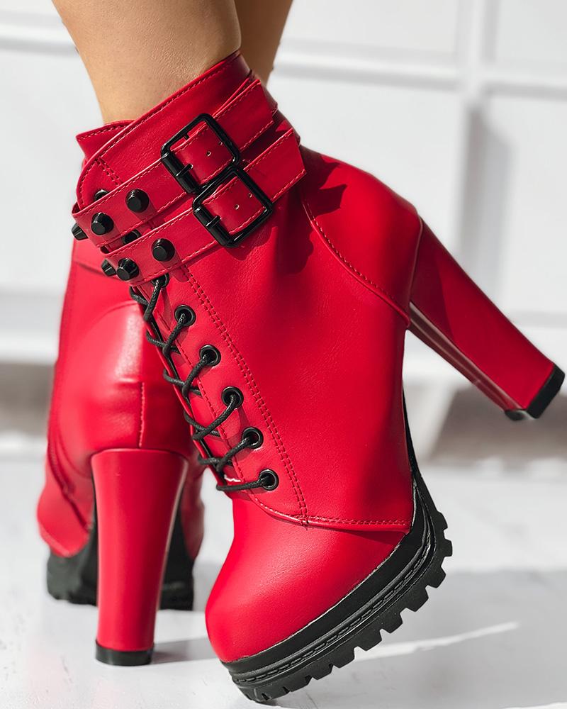 

Eyelet Lace-up Buckled Chunky Heel Combat Boots, Red