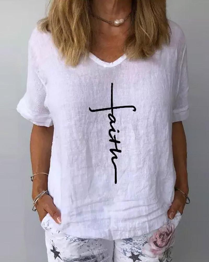 

Letter Pattern Print Short Sleeve T-shirt, White