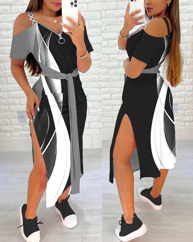 

Abstract Print Colorblock Tied Detail Slit Casual Dress, Black