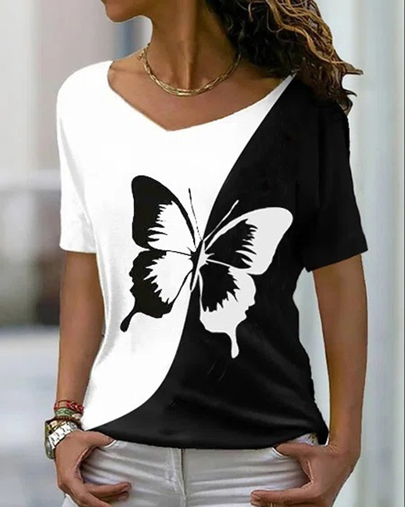 

Colorblock Butterfly Print Casual T-shirt, Black