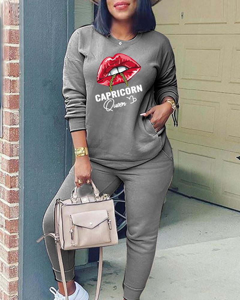 

Lip Letter Print Pocket Design Top & Pants Set, Dark grey
