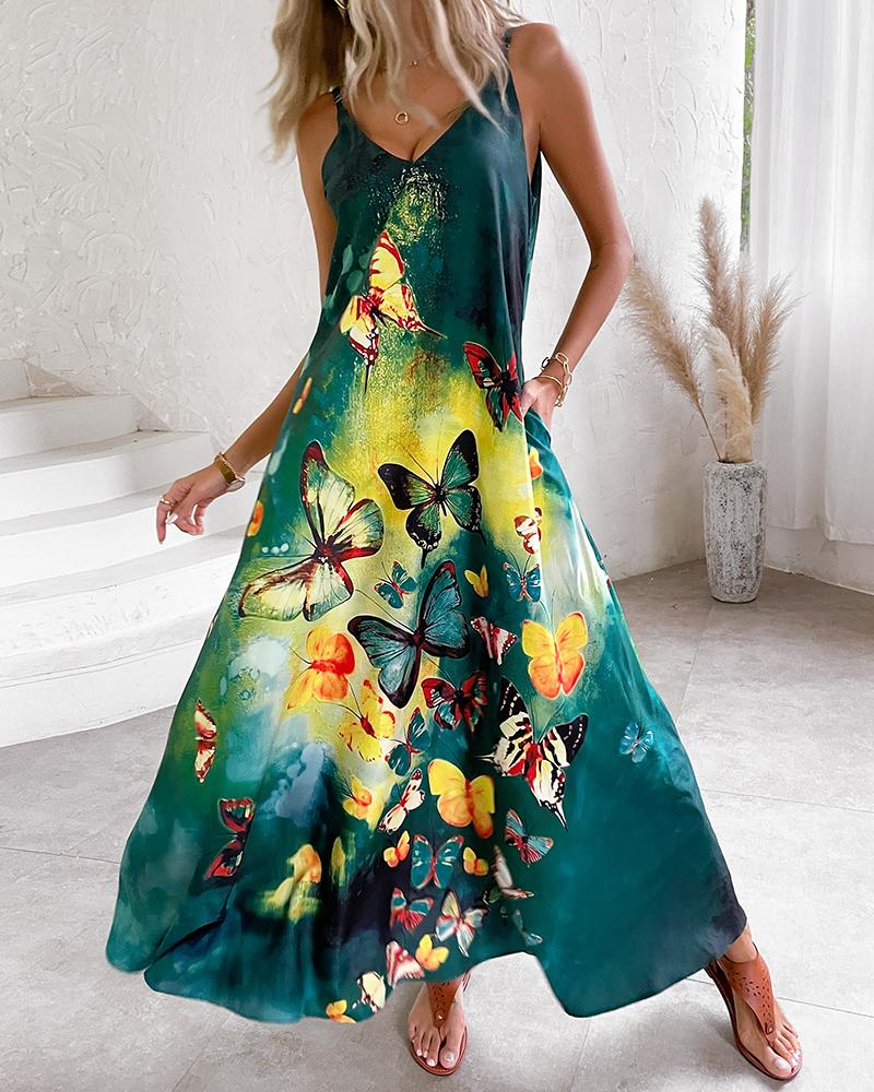 

Colorblock Butterfly Print Pocket Design Maxi Dress, Green