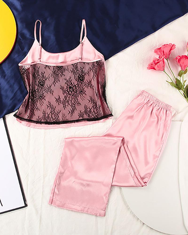 

Crochet Lace Patch Satin Pajamas Set, Pink