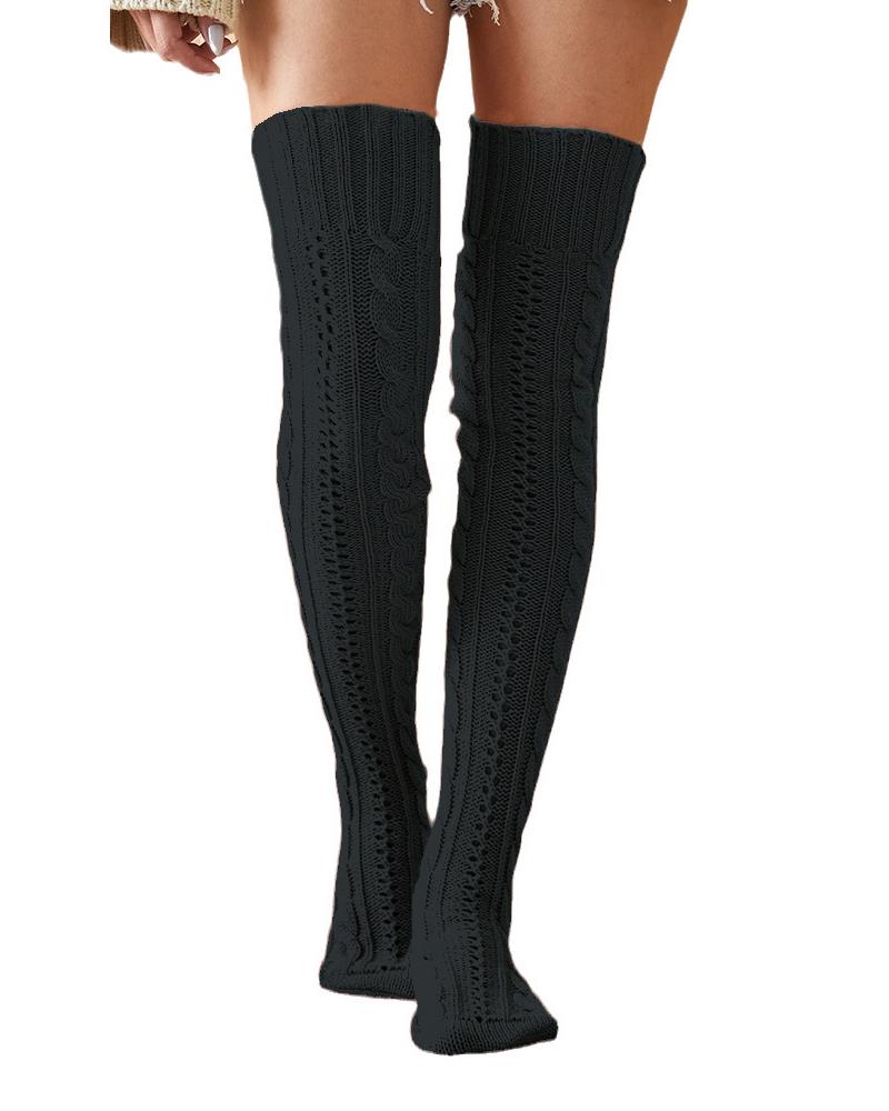 

Hollow Out Cable Knit Long Socks, Black