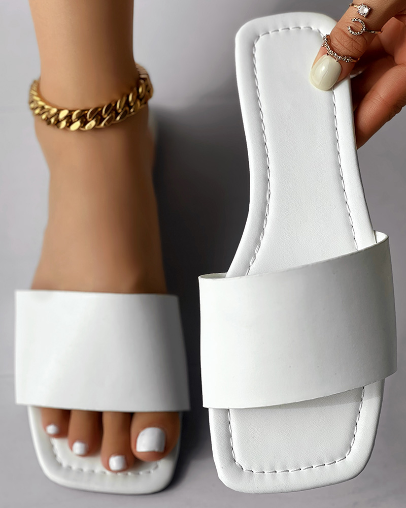 

Wide Strap Square Toe Slippers, White