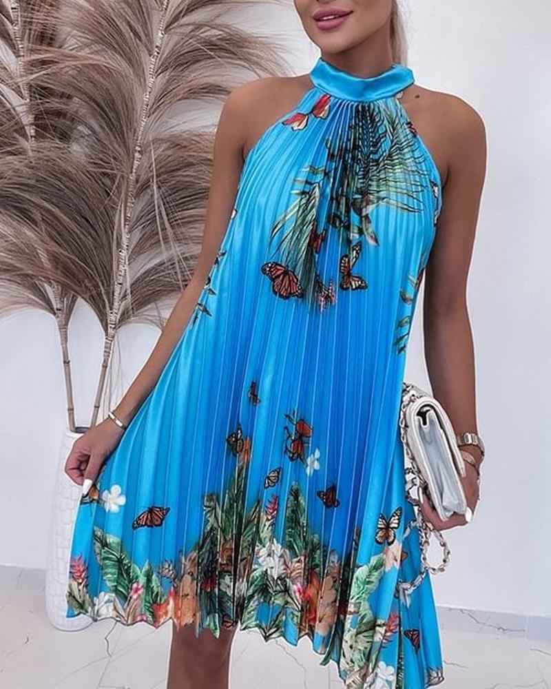 

Butterfly Plants Print Halter Pleated Dress, Blue