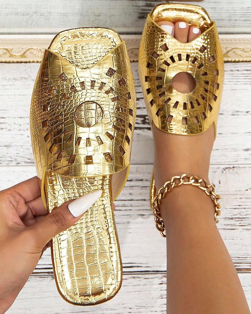 

Crocodile Hollow Out Peep Toe Slippers, Gold