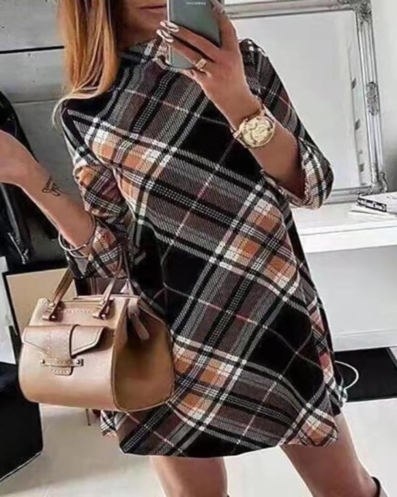 

Plaid Print Mock Neck Long Sleeve Casual Dress, Khaki