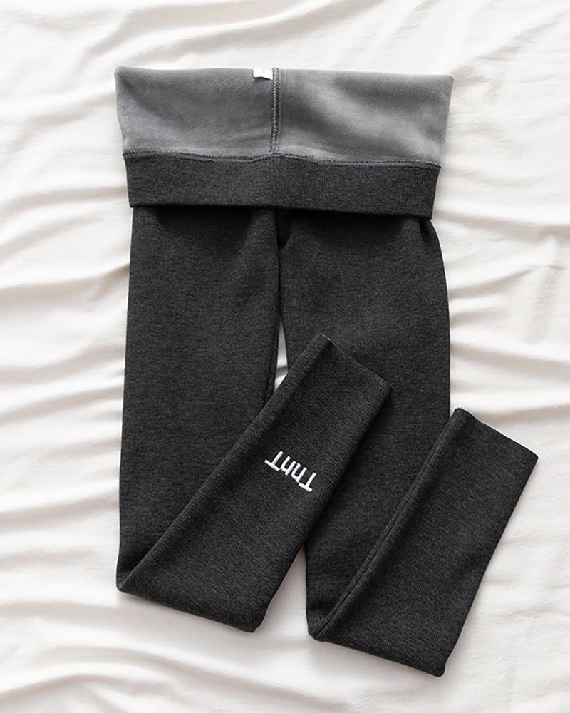 

High Waist Fleece Lined Thermal Warm Letter Embroidery Leggings, Black
