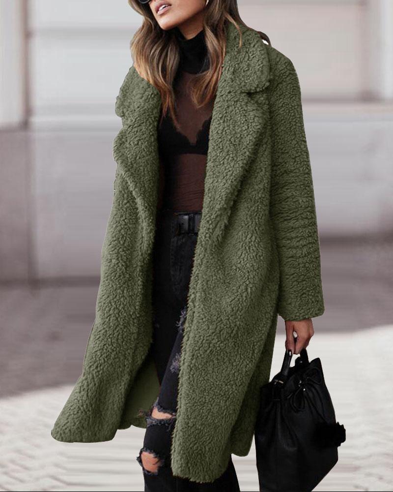 

Plain Long Sleeve Teddy Coat, Green