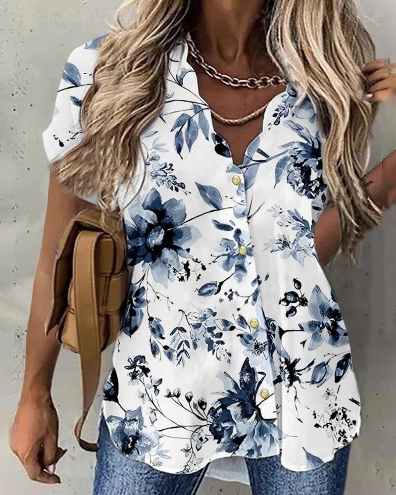 

Floral Print Scallop Trim Buttoned Shirt, White