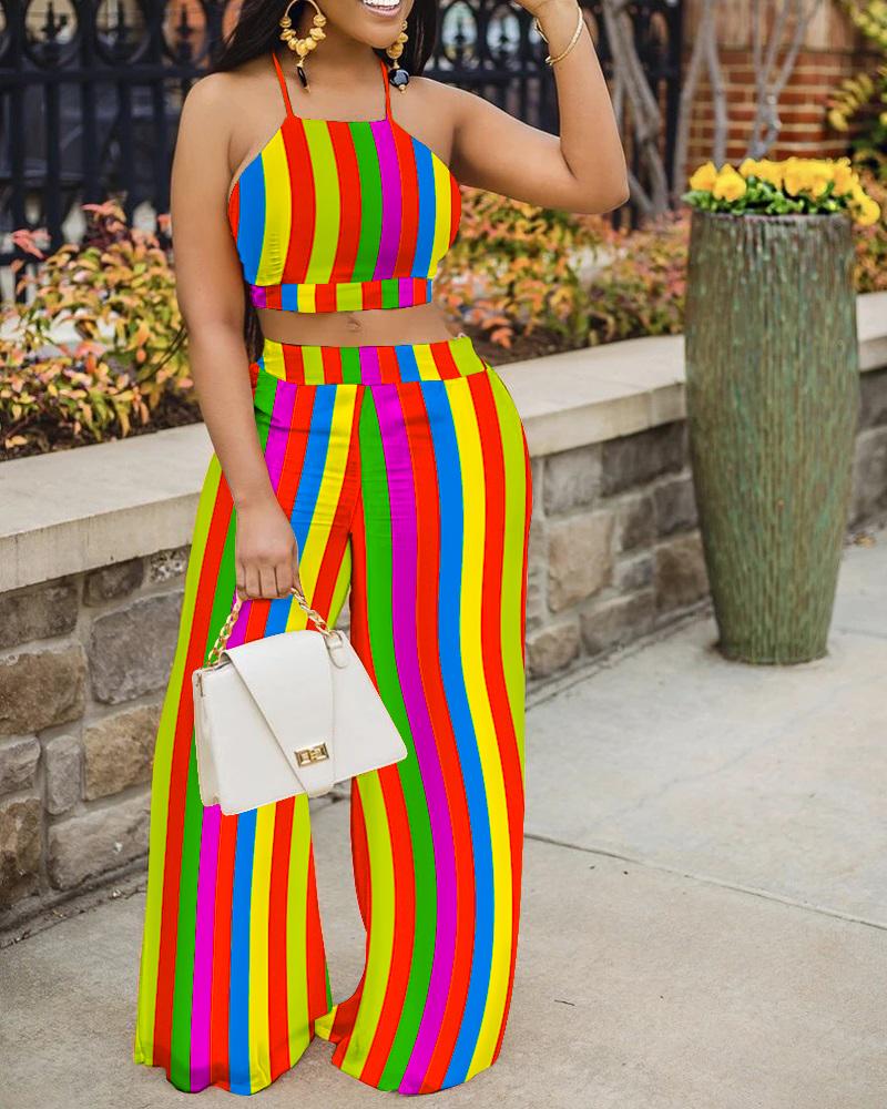 

Rainbow Stripe Print Crop Top & Wide Leg Pants Set, Multicolor