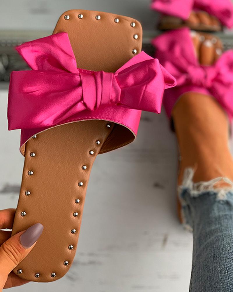 

Satin Bowknot Decor Square Toe Flat Sandals, Hot pink