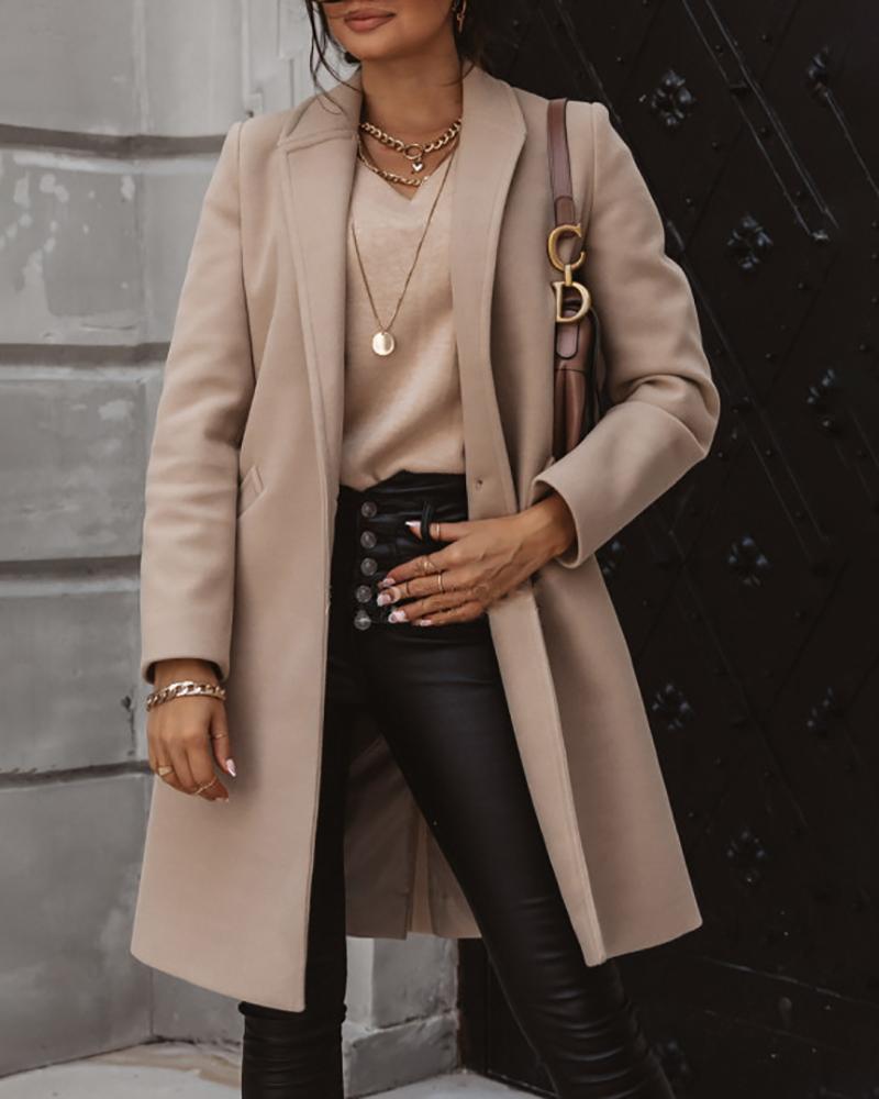 

Pocket Button Design Long Sleeve Coat Plain Turn-down Collar Daily Long Coat, Light gray