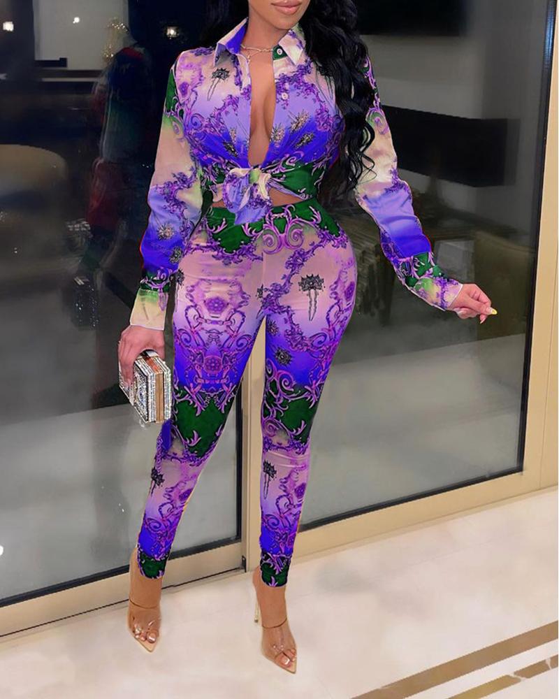 

Scarf Print Long Sleeve Shirt & High Waist Pants Set, Blue