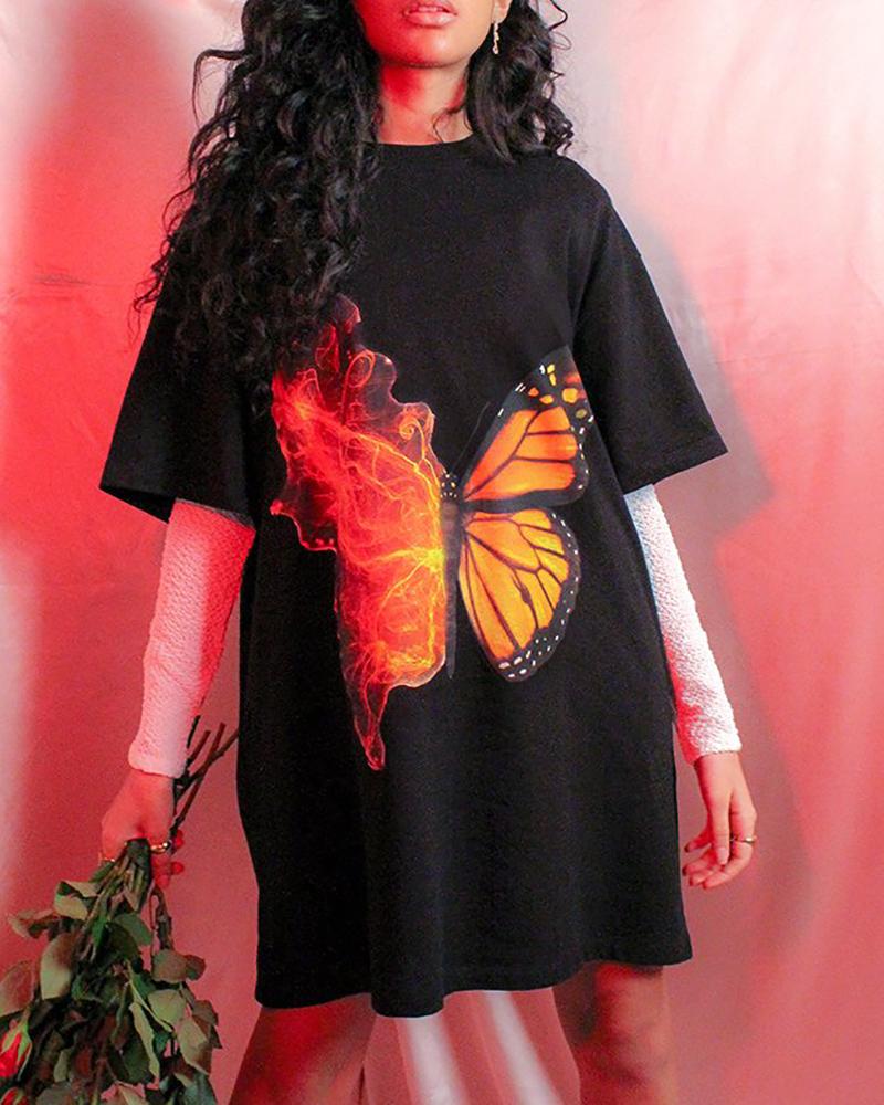 

Butterfly Print Short Sleeve Casual T-Shirt Dress, Black