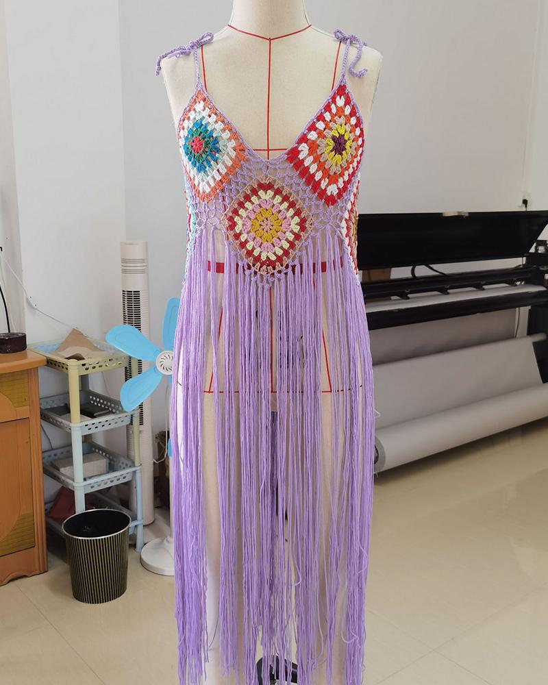 

Tassel Design Geometric Pattern Cover Up Crochet Dress, Purple