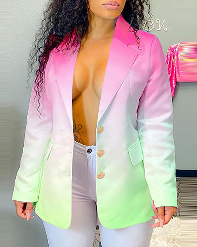 

Ombre Colorblock Button Pocket Design Blazer Coat, Hot pink