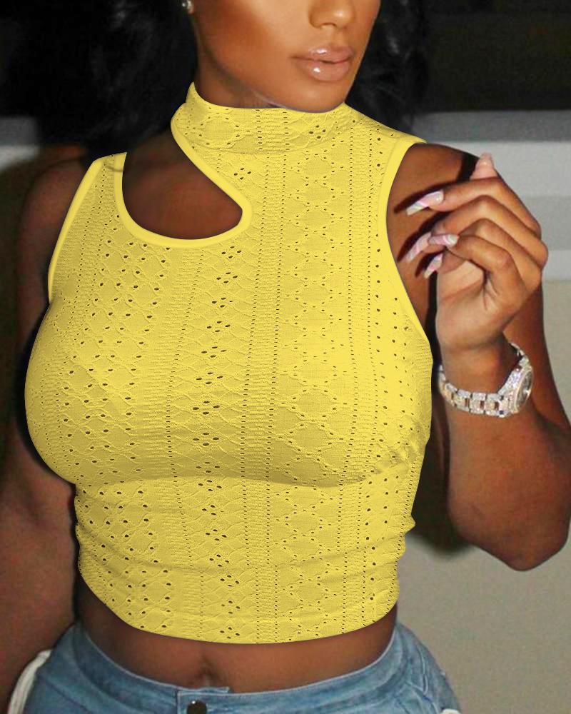 

Eyelet Embroidery Cutout Crop Tank Top, Yellow