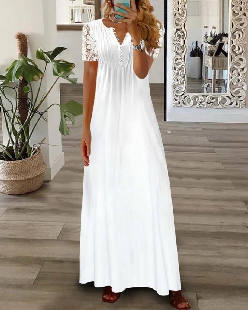 

Short Sleeve Lace Patch Maxi Dress, White