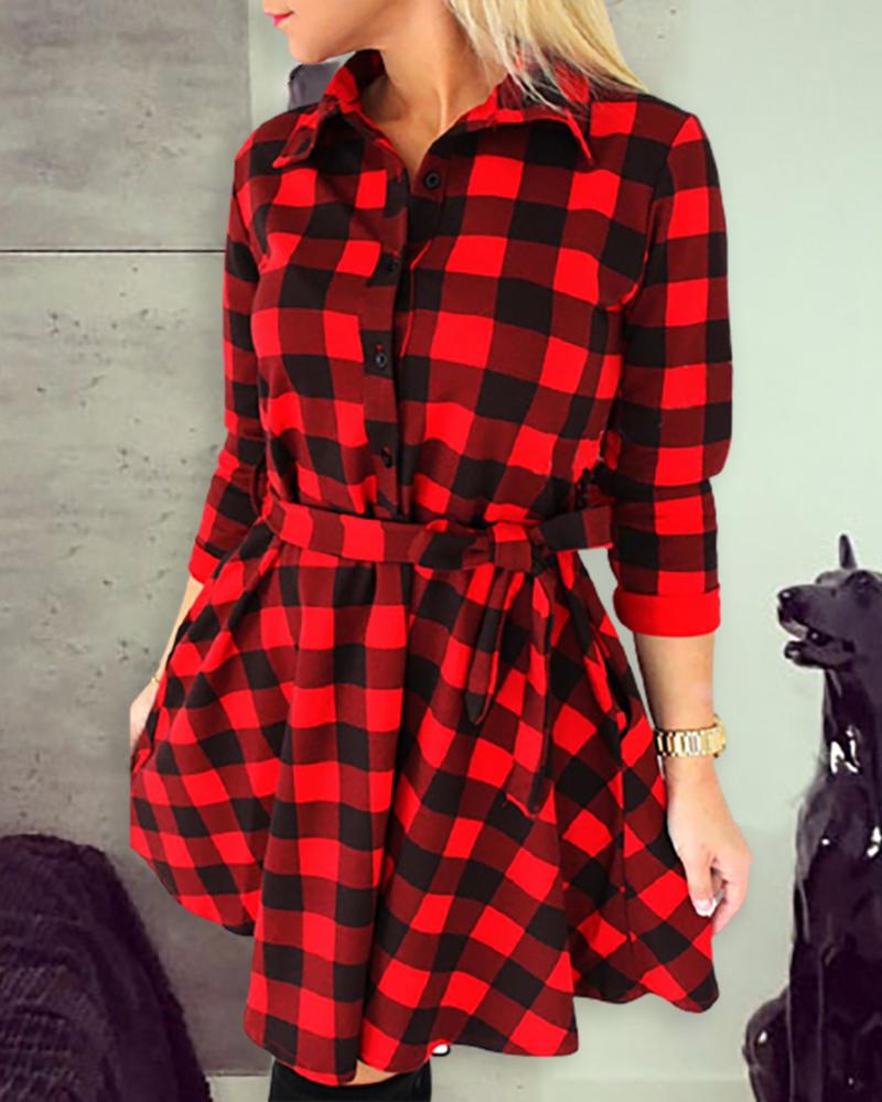 

Button Design Ruffles Hem Plaid Women Shirt Dress, Red