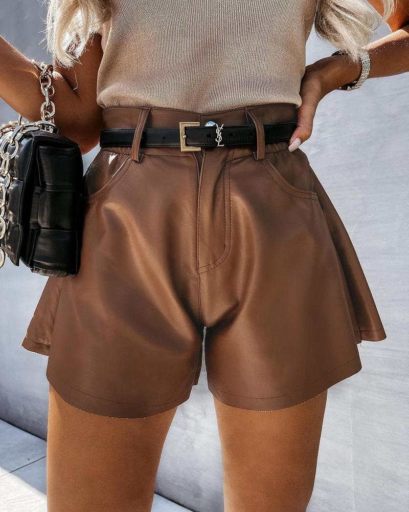 

PU Leather Pocket Design Ruched Shorts, Brown
