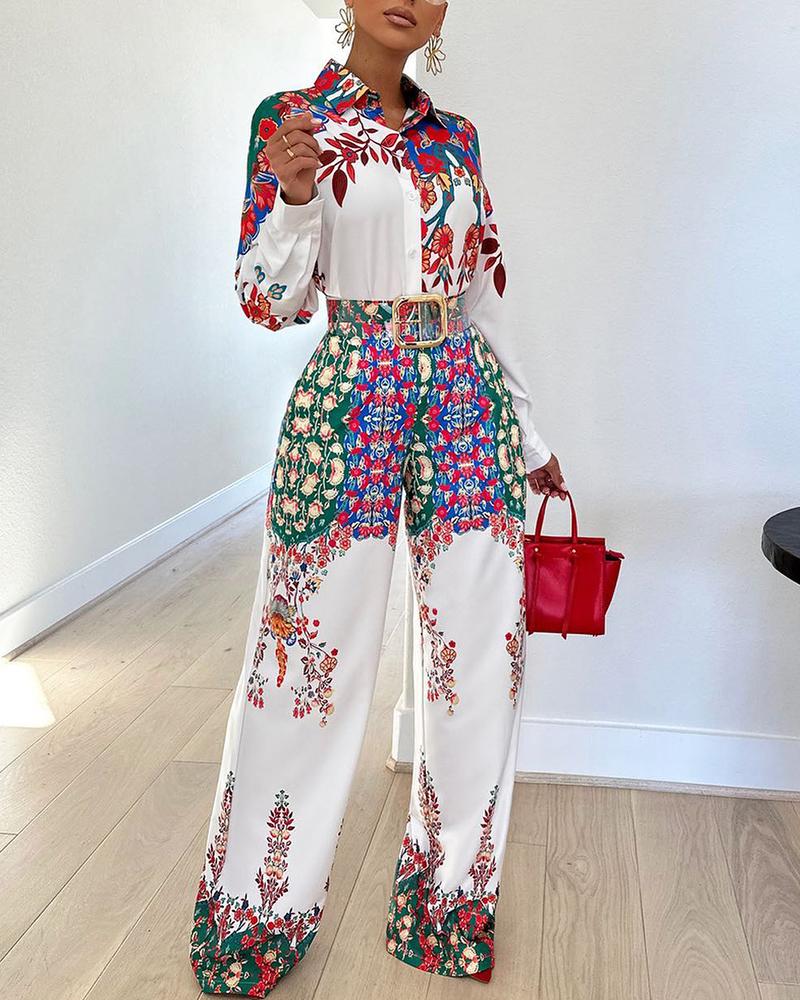 

Floral Print Buttoned Shirt & Wide Leg Pants Set, White