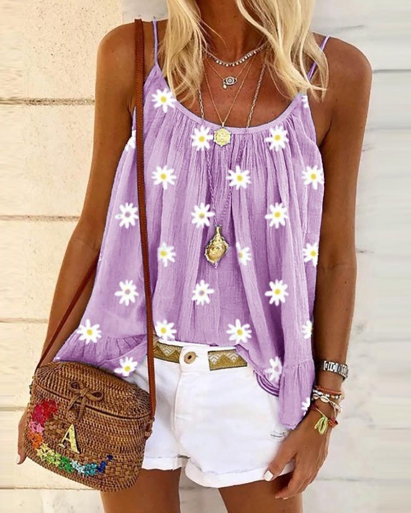 

Daisy Print Ruched Cami Top, Purple