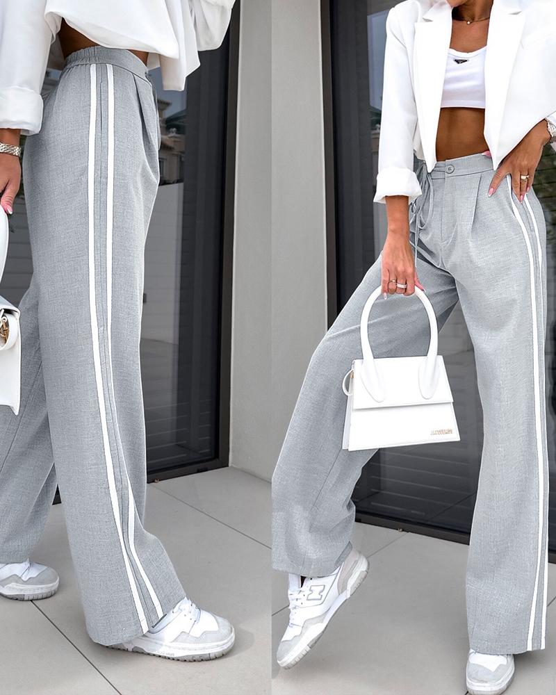 

Pantalon décontracté taille haute à cordon de serrage rayé, Gray