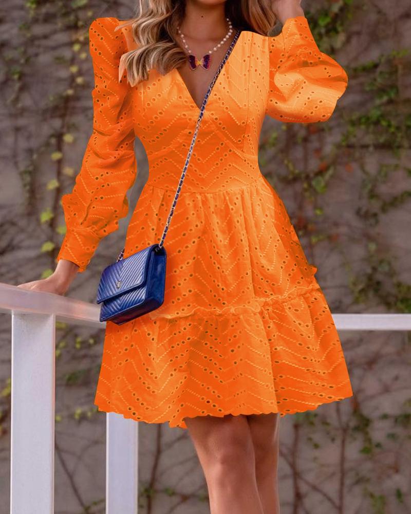 

Eyelet Embroidery Puff Sleeve Frill Hem Casual Dress, Orange