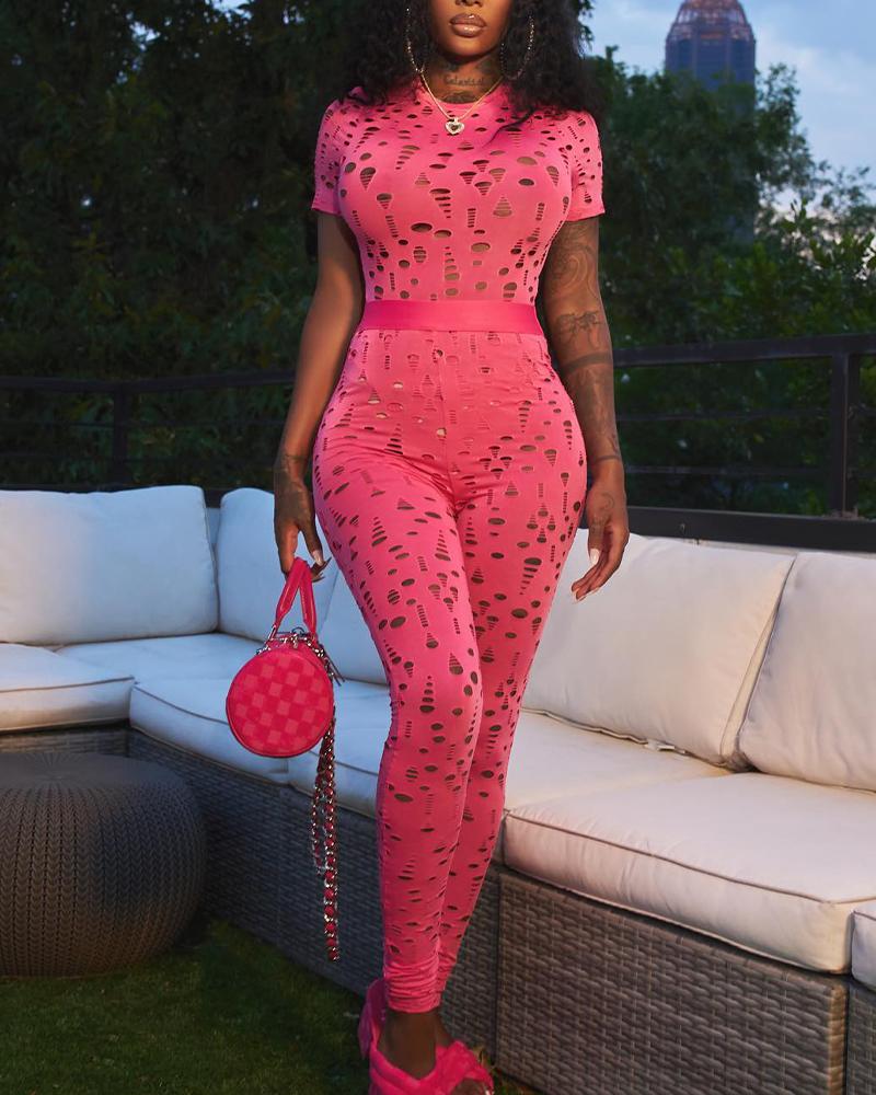 

Hollow Out Top & High Waist Pants Set, Pink