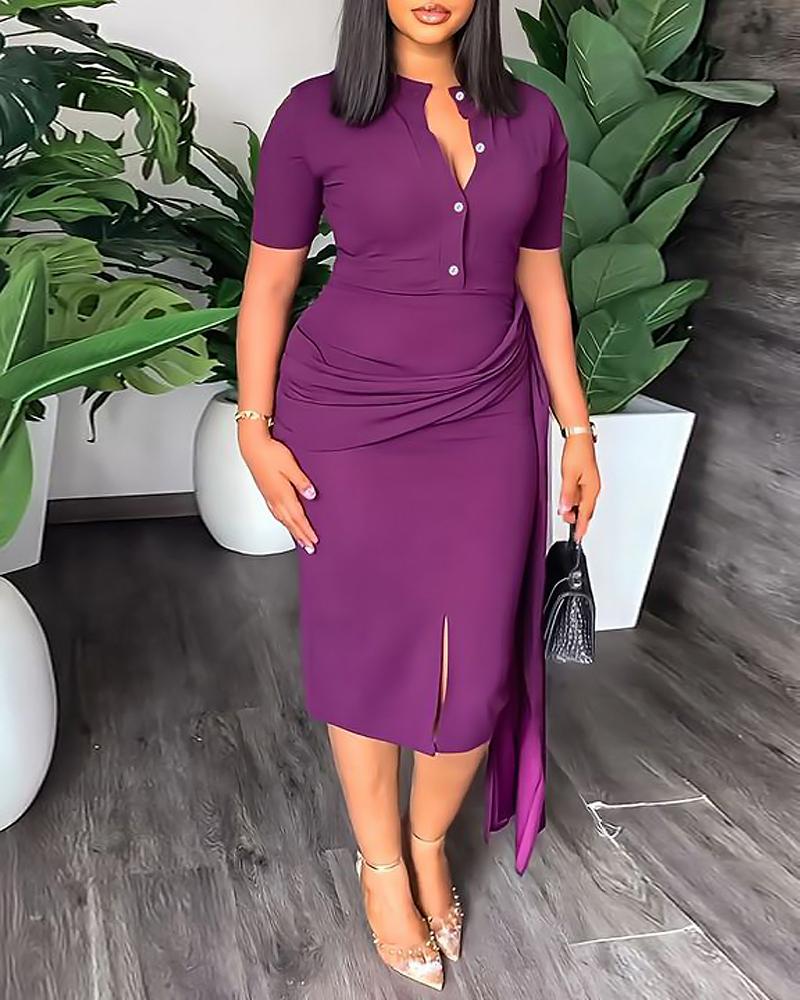 

Buttoned Asymmetrical Hem Slit Pencil Midi Dress, Purple