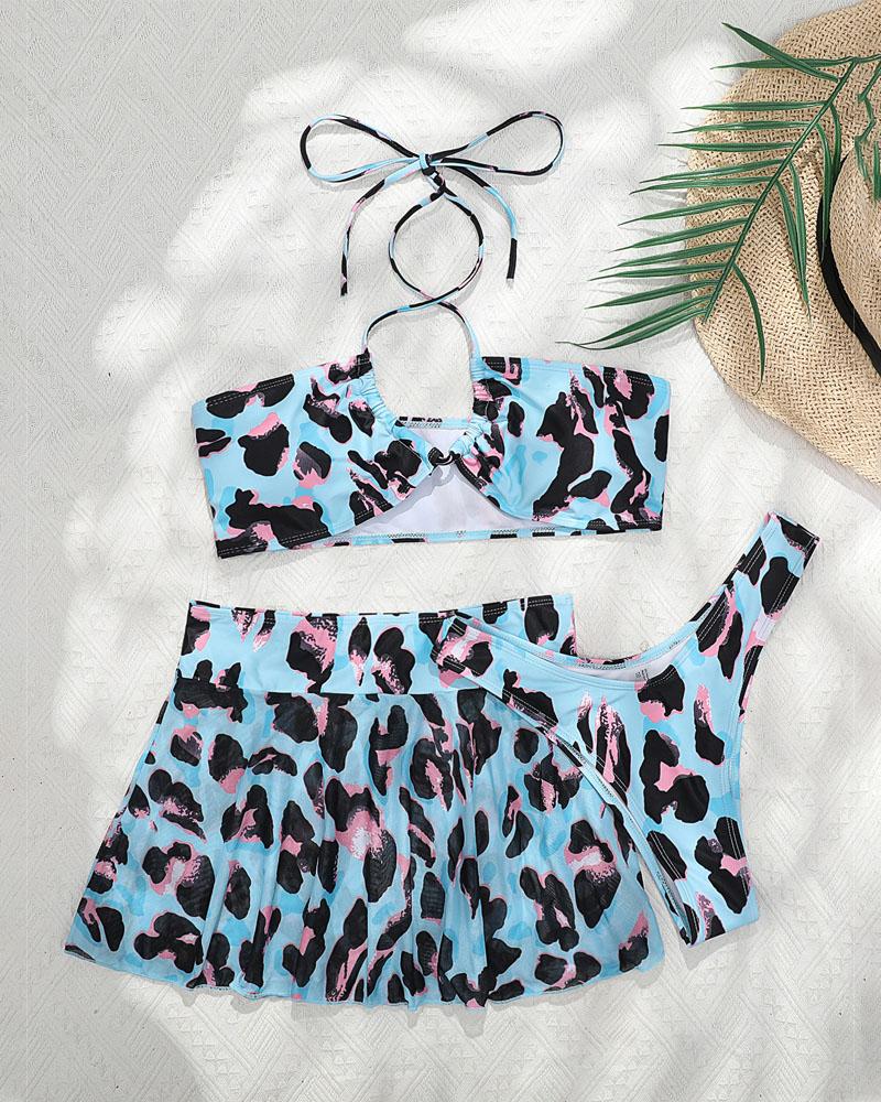 

Leopard Print Halter Bikini Set With Cover Up Skirt, Blue