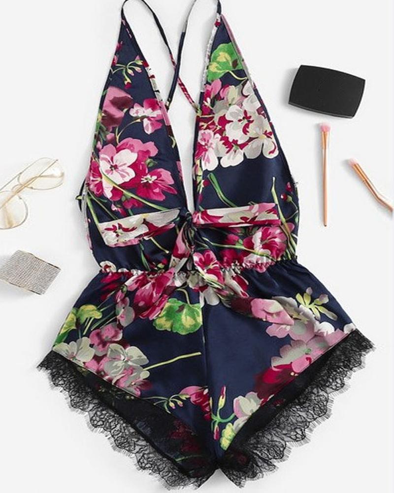 

Floral Print Eyelash Lace Slip Dress, Blue