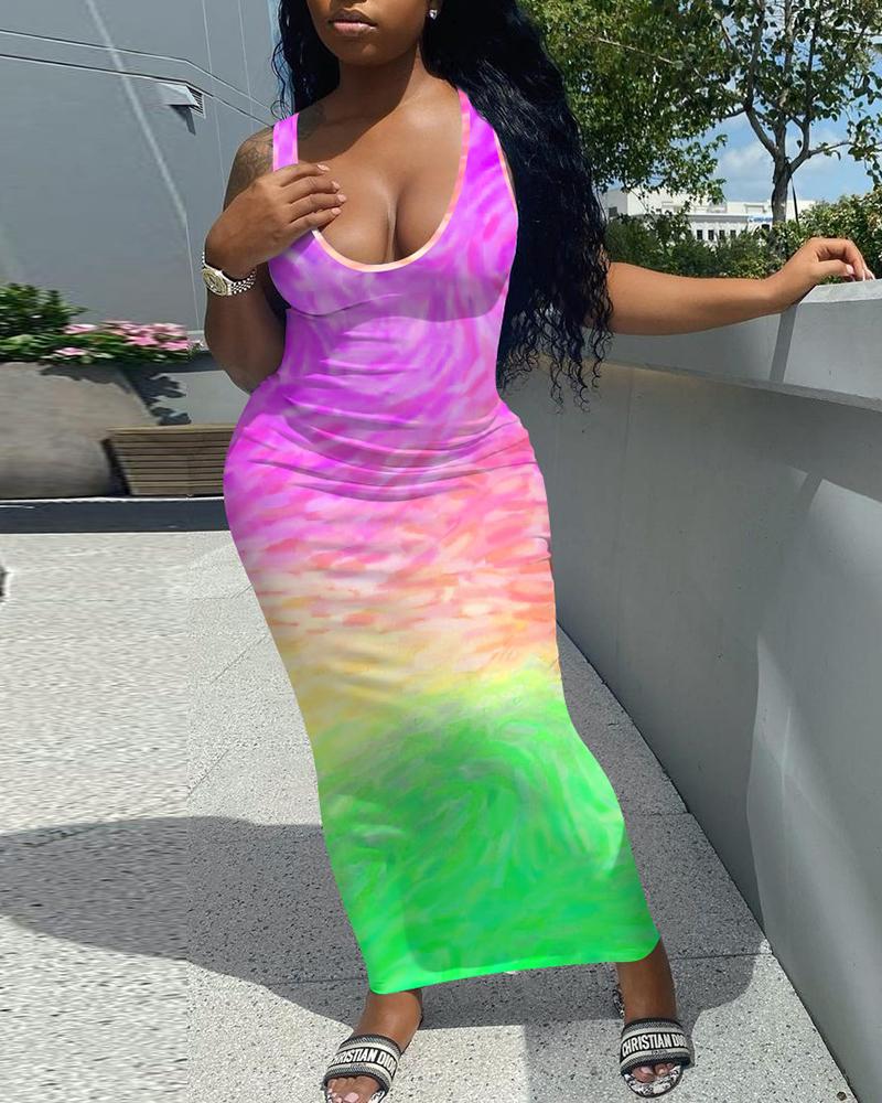 

Tie Dye Print U-Neck Sleeveless Maxi Dress, Purple