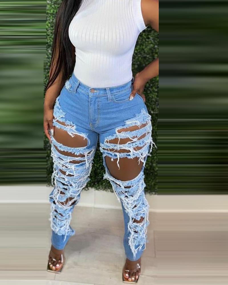 

Zipper Fly Ripped Skinny Jeans, Blue