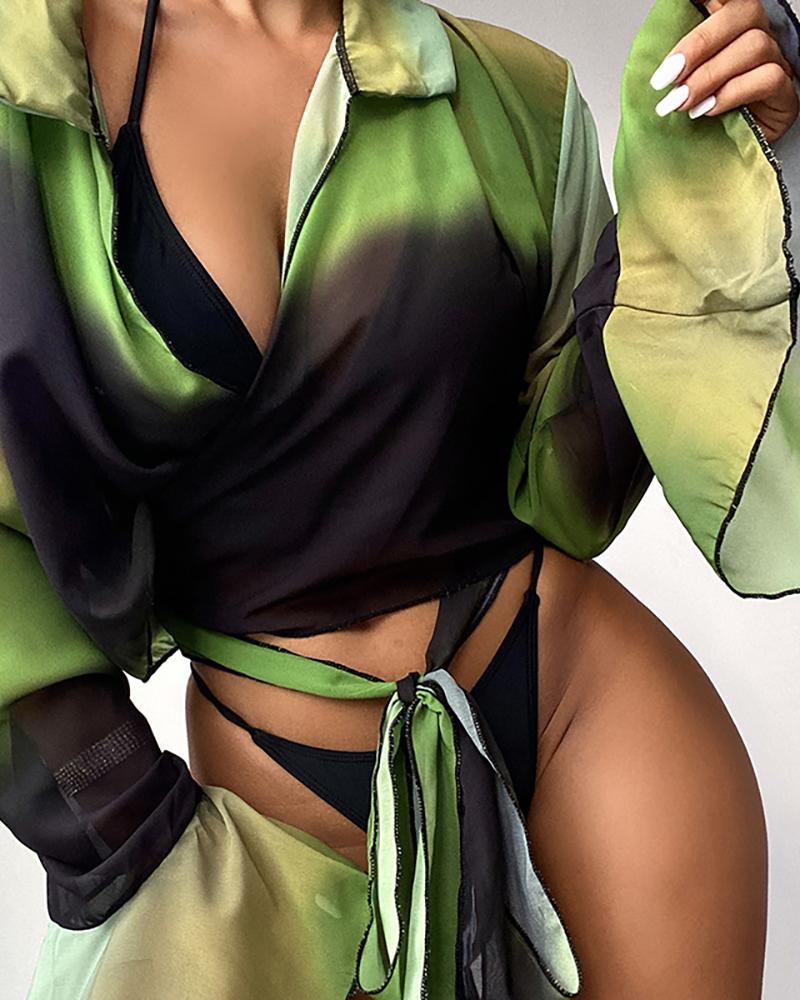 

3PCS Plain Bikini Set With Tie Dye Print Bell Sleeve Cover Up Top, Green