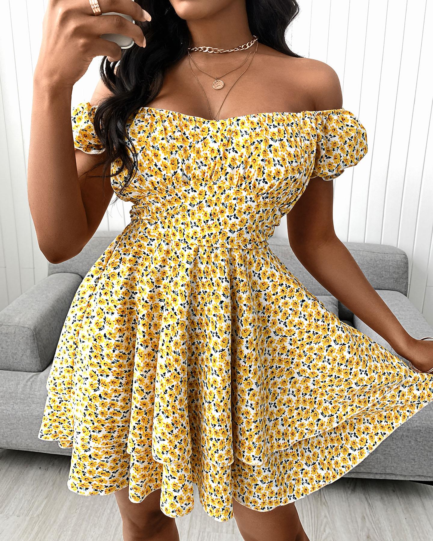 

Ditsy Floral Print Off Shoulder Ruffle Hem Dress, Yellow