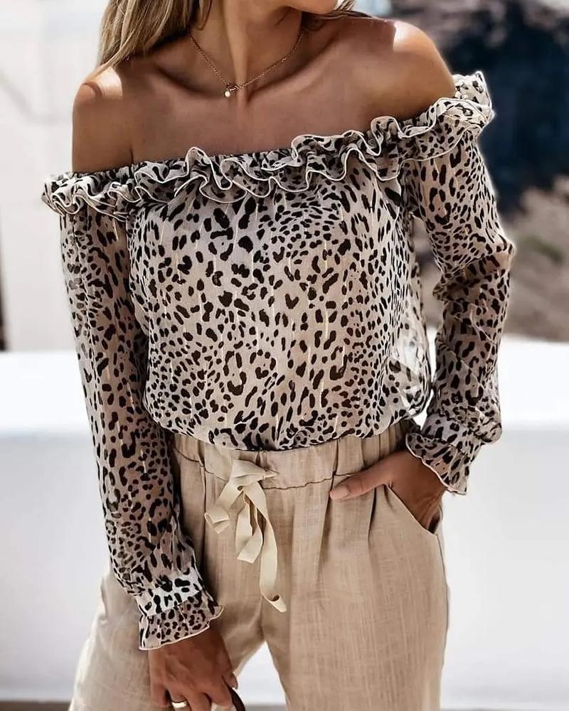 

Cheetah Print Ruffles Off Shoulder Top, Leopard