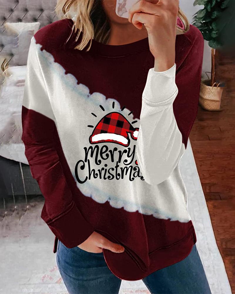 

Christmas Hat Letter Print Colorblock Sweatshirt, Red