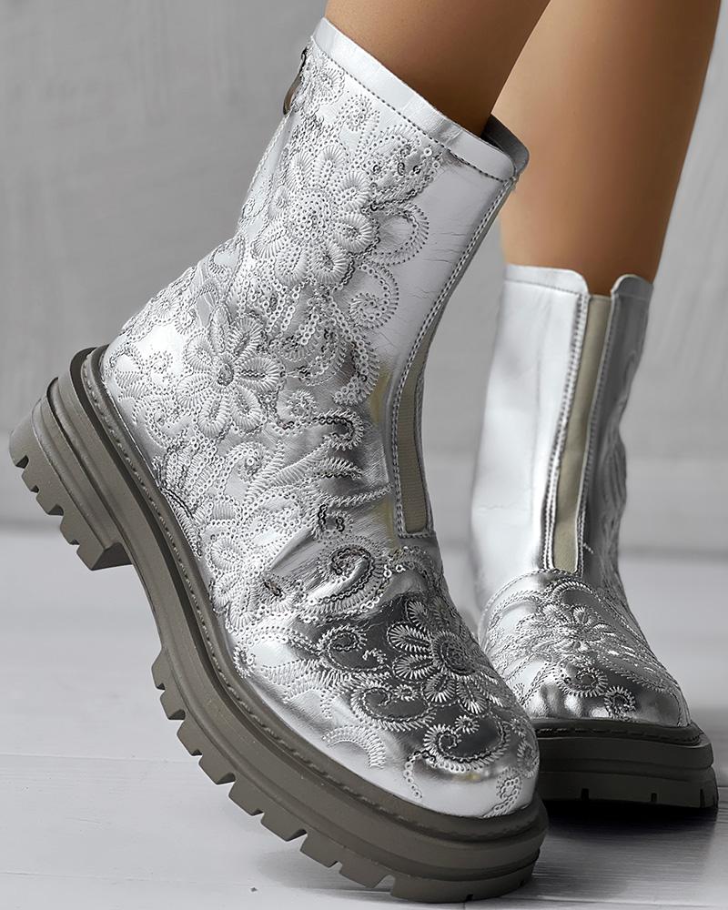 

Sequin Floral Embroidery Platform Metallic Ankle Boots, Silver