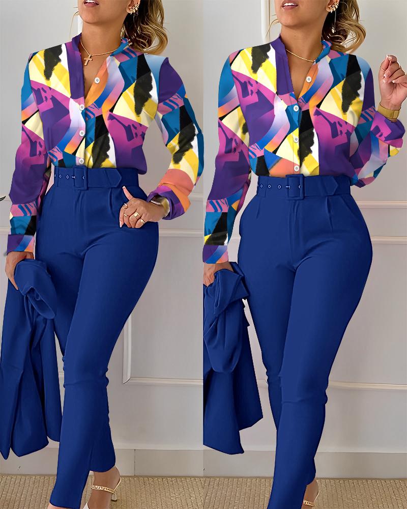 

Abstract Geometric Print Mock Neck Buttoned Top & Pants Set, Blue