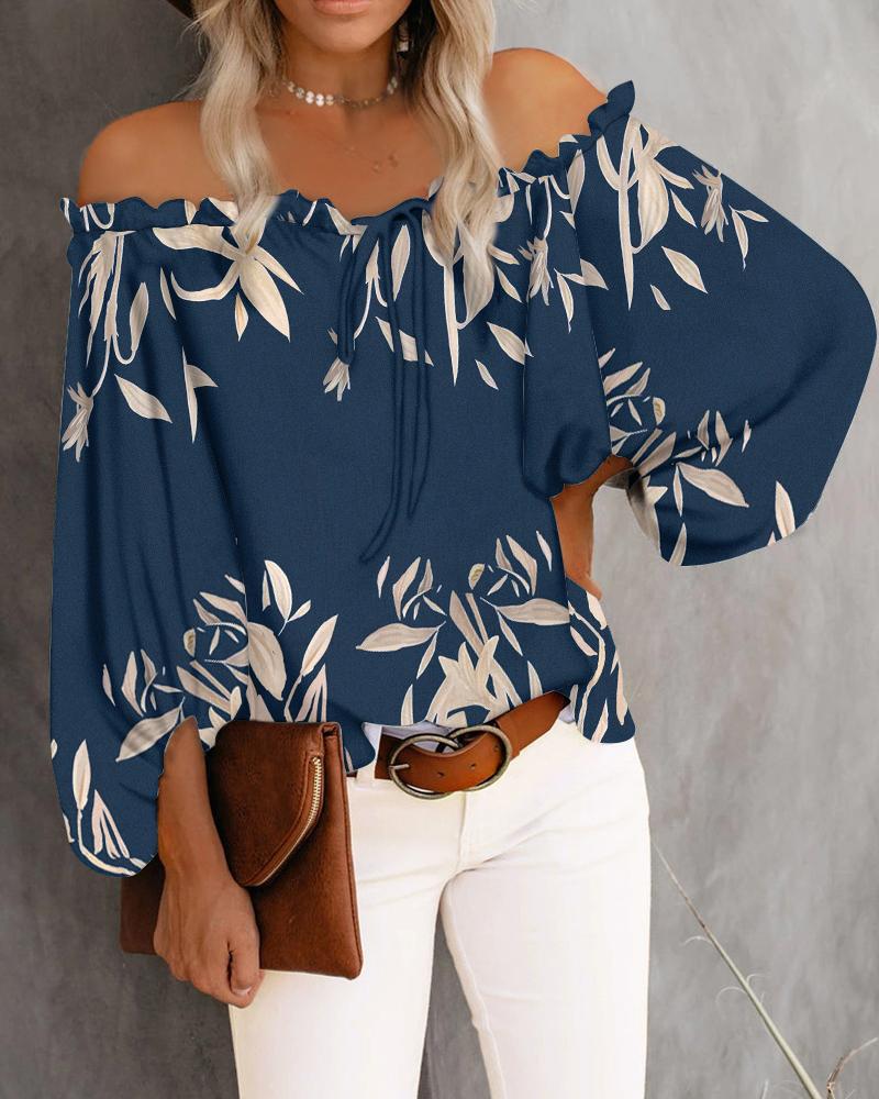 

Plants Print Frill Hem Off Shoulder Top, Blue