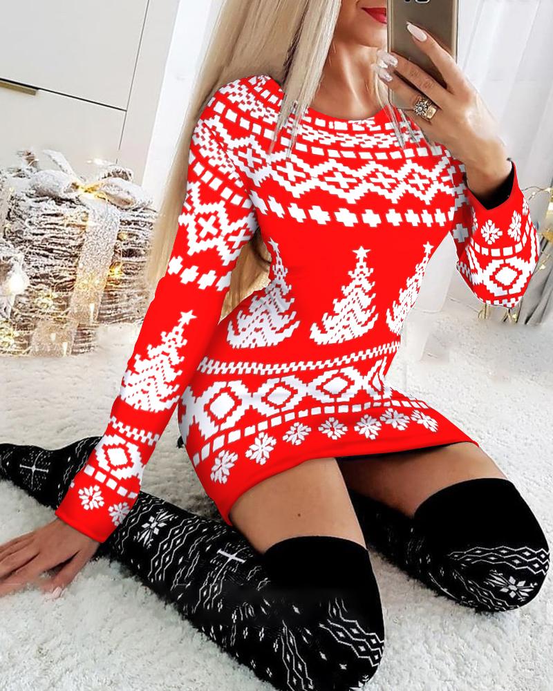 

Christmas Fair Isle Pattern Print Long Sleeve Bodycon Dress, Red