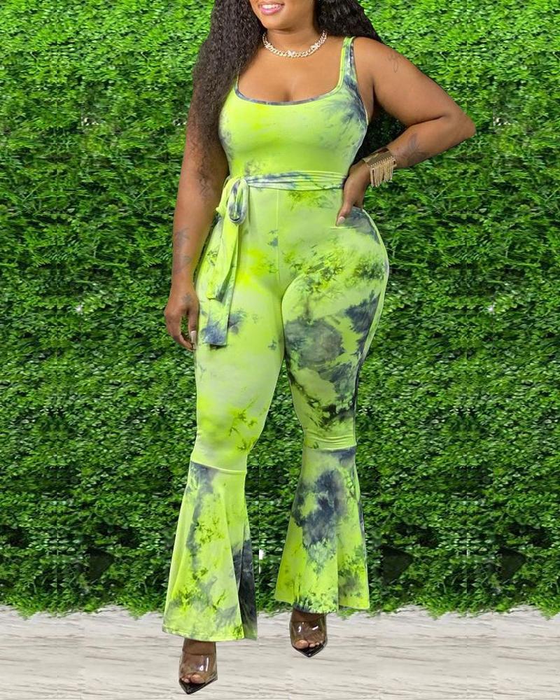 

Plus Size Tie Dye Print Sleeveless Flared Leg Jumpsuit, Green
