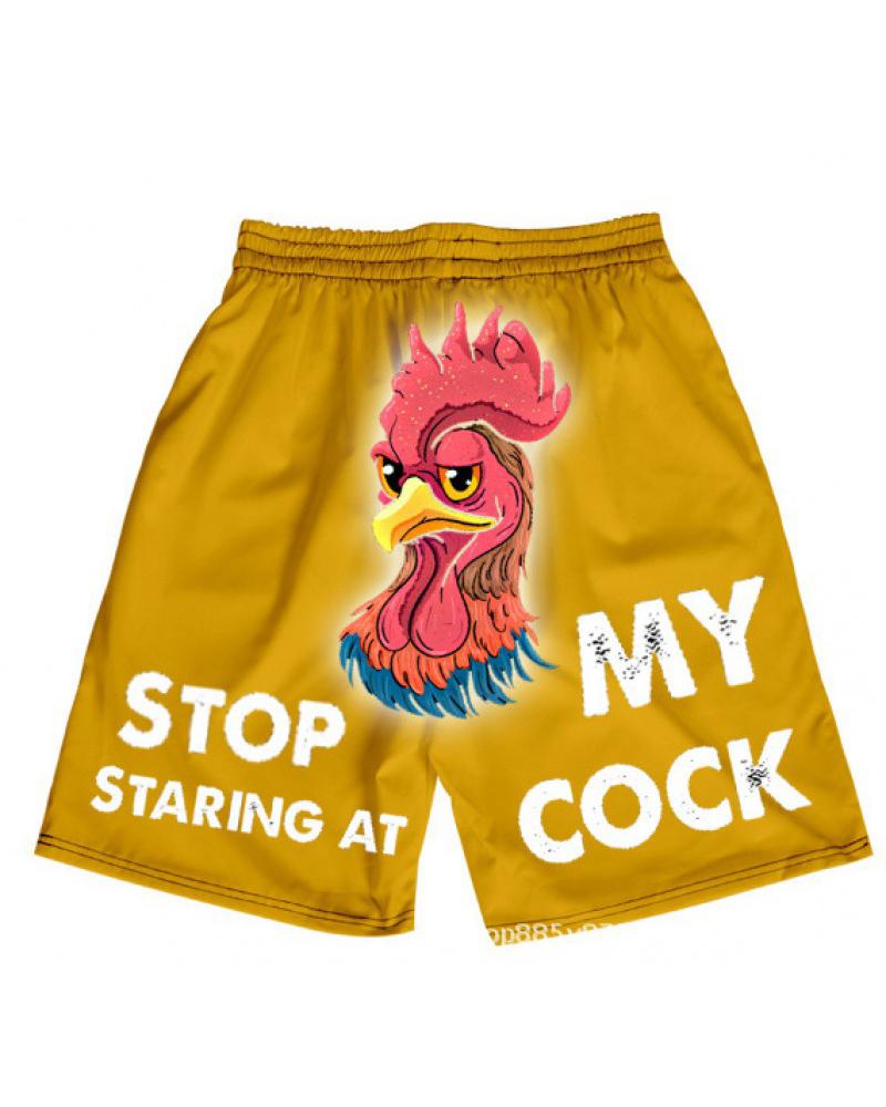 

Rooster & Letter Print Loose Drawstring Shorts, Yellow