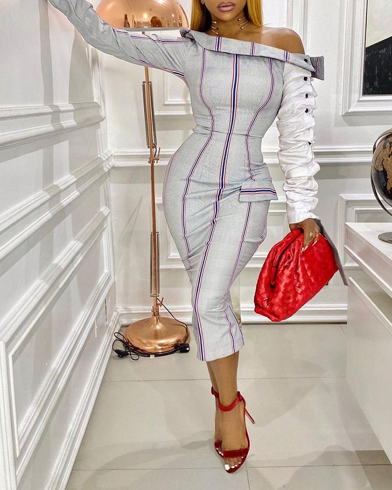 

Striped Print Button Decor Long Sleeve Dress, Gray