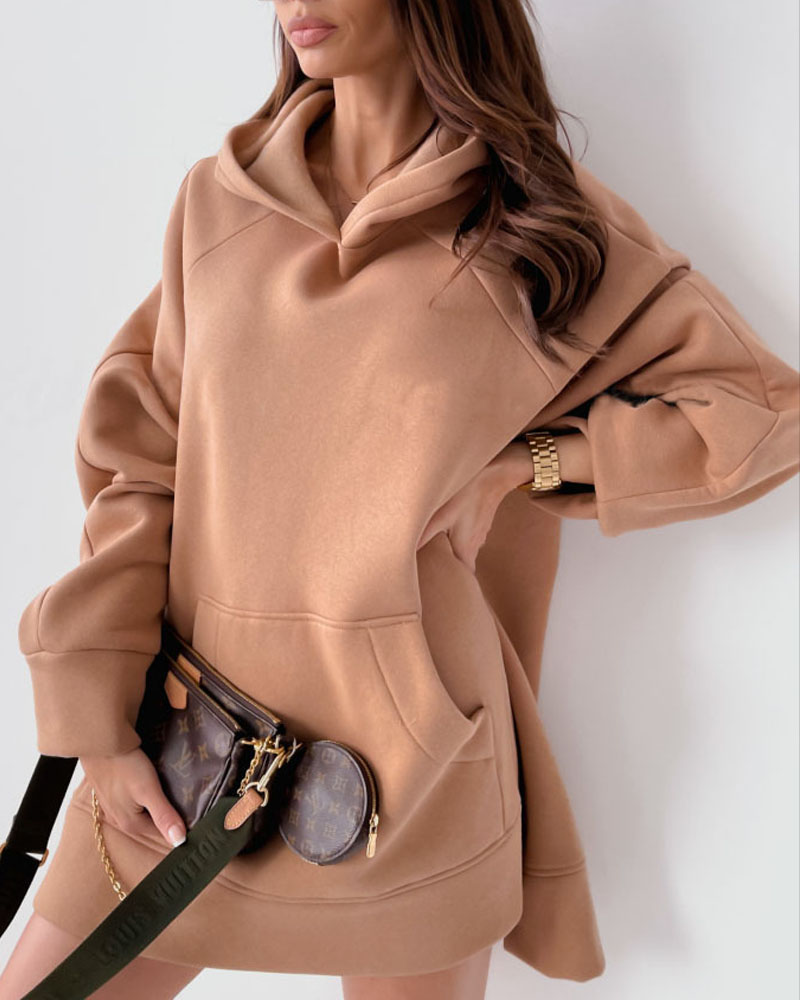 

Long Sleeve Split Hem Hooded Sweatshirt Dress, Khaki