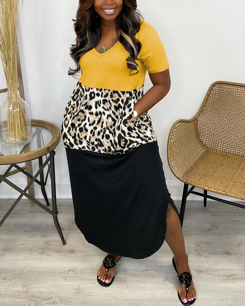 

Leoprad Patchwork Colorblock Short Sleeve Loose Midi Dress, Yellow