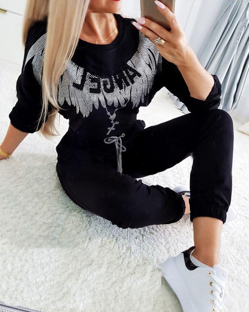 

Rhinestone Letter Long Sleeve Top & Drawstring Pants Set, Black